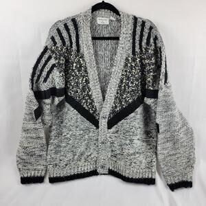 Vintage 80s Cardigan Grandpa Sweater Med Suede Trim Honeywell & Todd Grey Black